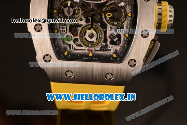 Richard Mille RM11-03 Swiss Valjoux 7750 Automatic Steel Case Skeleton Dial With Arabic Numeral Markers Yellow Rubber Strap(KV) - Click Image to Close